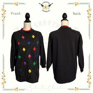 VTG CHANCE ENCOUNTERS Black Pull Over Sweater Bright Multicolor Diamonds Medium